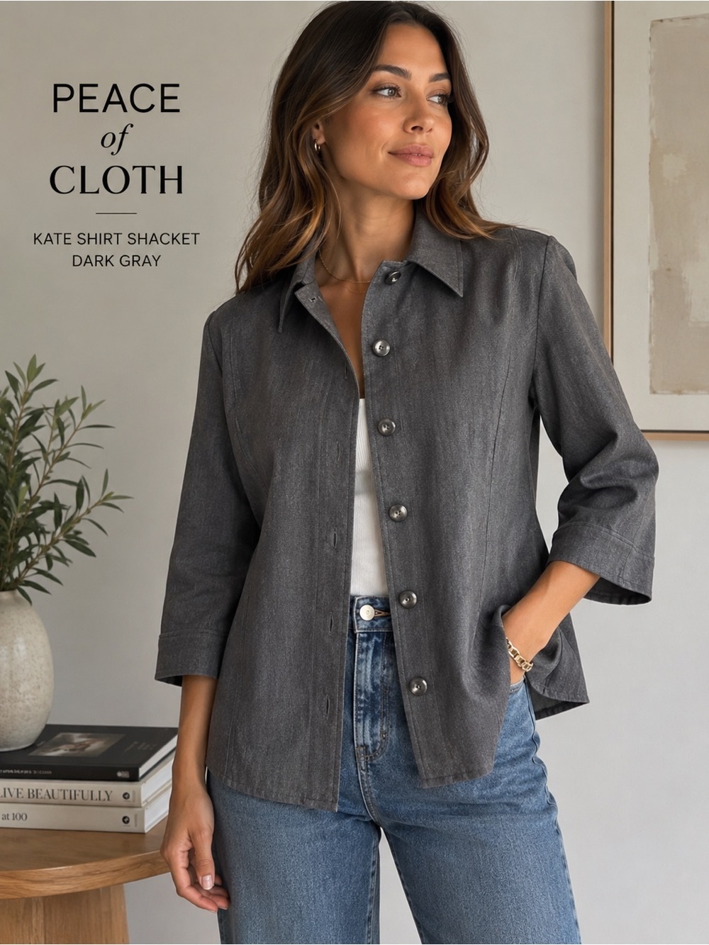 Peace of Cloth Kate Button Up Shirt Shacket Gray Anthropology Medium stretch